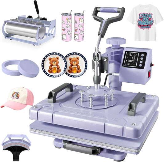 DKMOCO 5 in 1 Heat Press Machine with 30OZ Tumbler,12x15 inch 360Degree Swing Away Digital Sublimation Heat Transfer for Mugs T-Shirts Hat Cap Plate, Purple